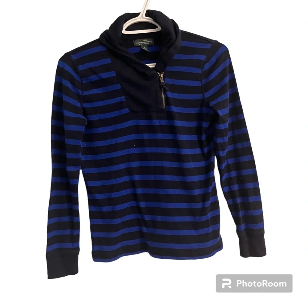 Ralph Lauren Womens Pullover Sz small Blue and Black Striped Longsleeve - Picture 2 of 5